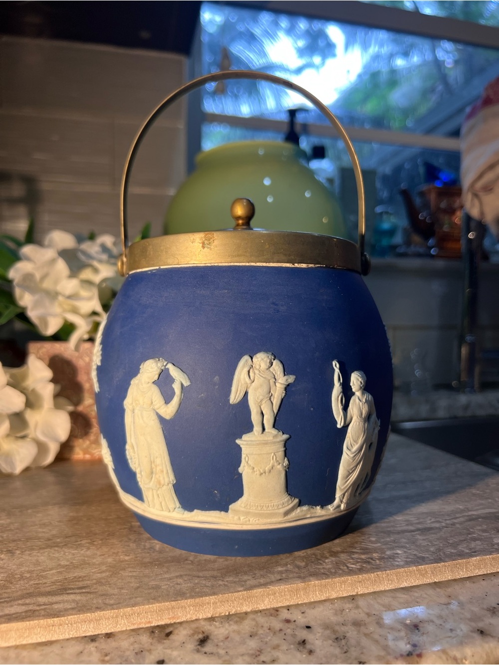 Wedgewood England Jasperware-Style Biscuit Jar with Classical Reliefs